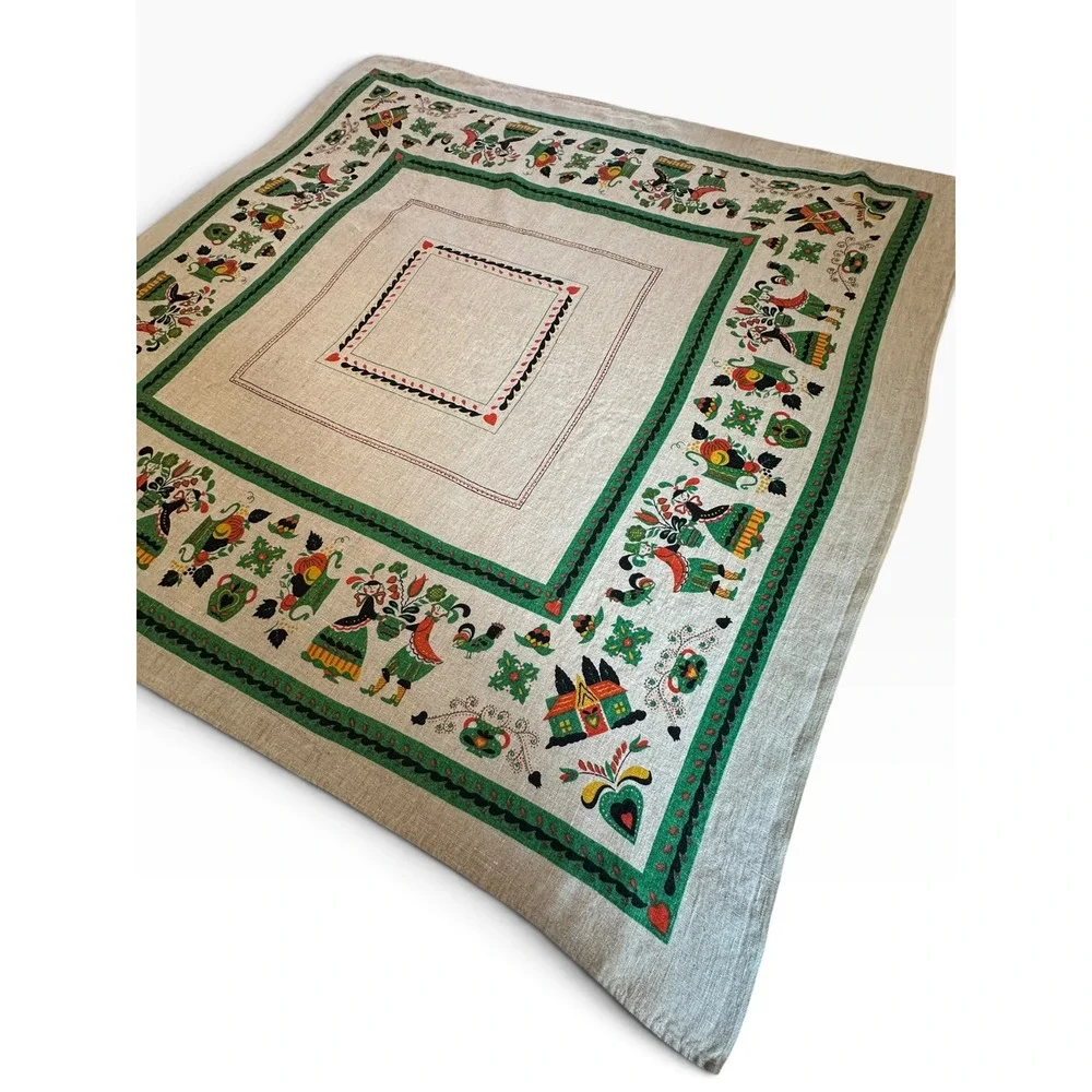 Vintage Scandinavian Folk Art Linen Blend Tablecloth 48x48 Beige Green Red